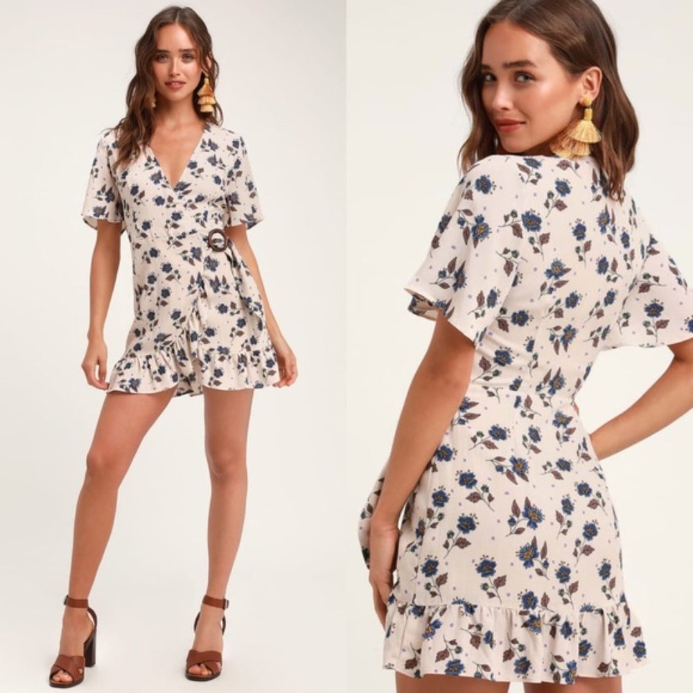 NEW JOA Cascade Beige Floral Print Wrap Dress